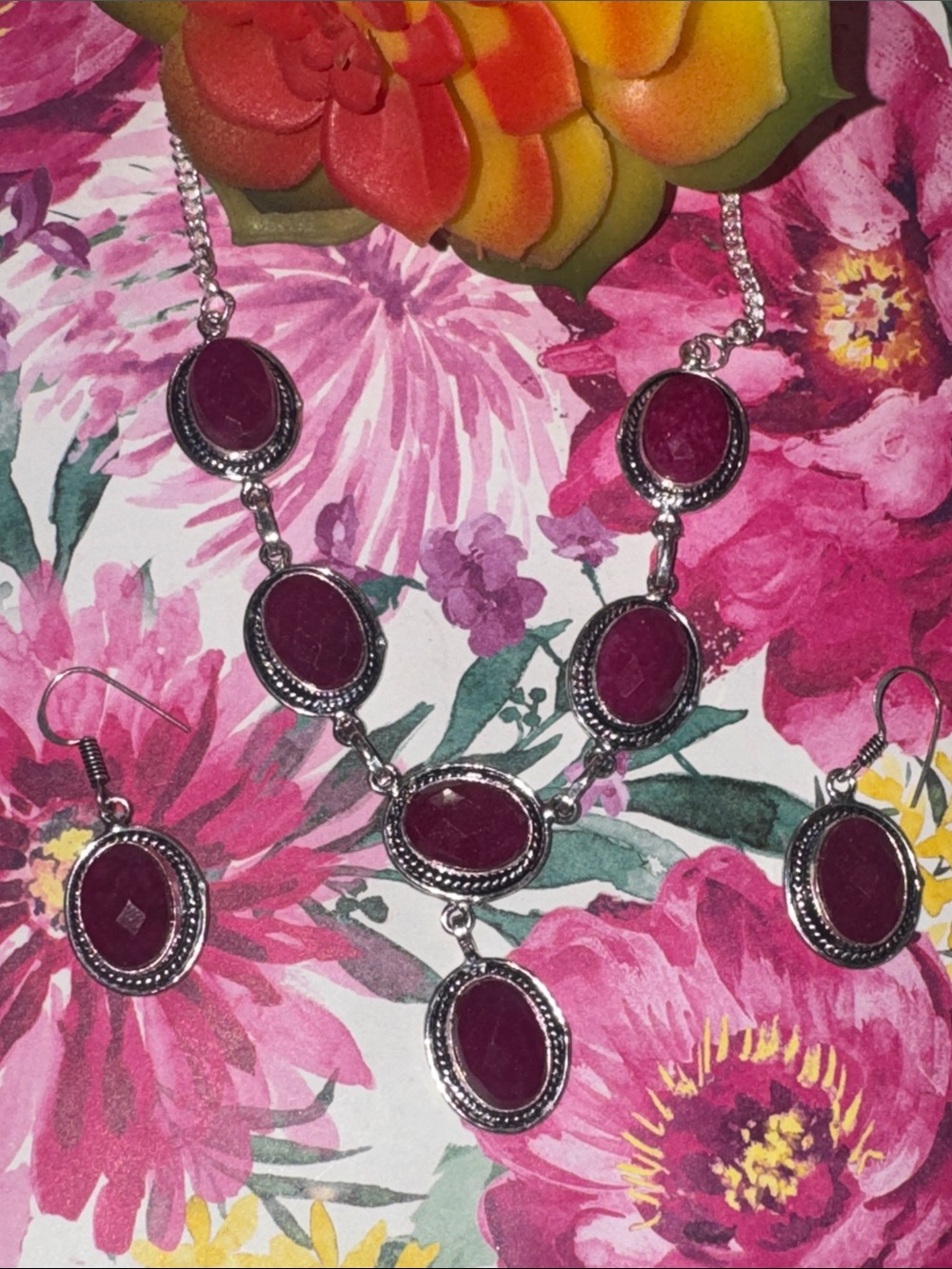 Silver Ruby Jewelry Set